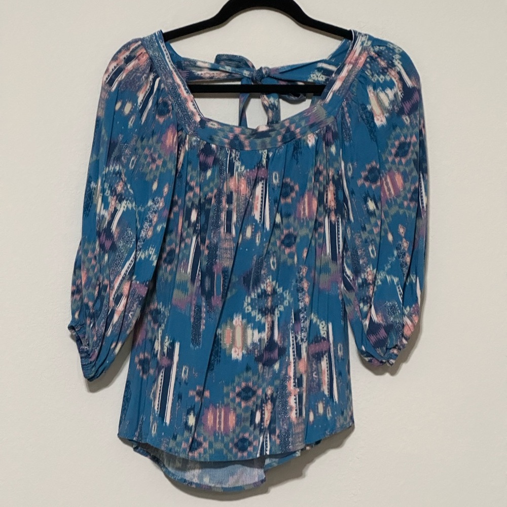 Savanna Jane‎ Blue Multicolor Bohemian Geo Peasant Aztec Patterned Blouse Size M